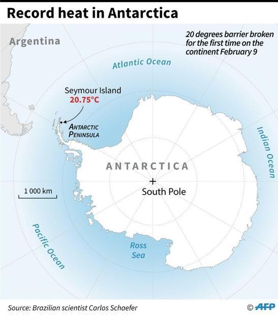 Map of Antarctica locating Seymour Island which recorded its hottest ever temperature on February 9