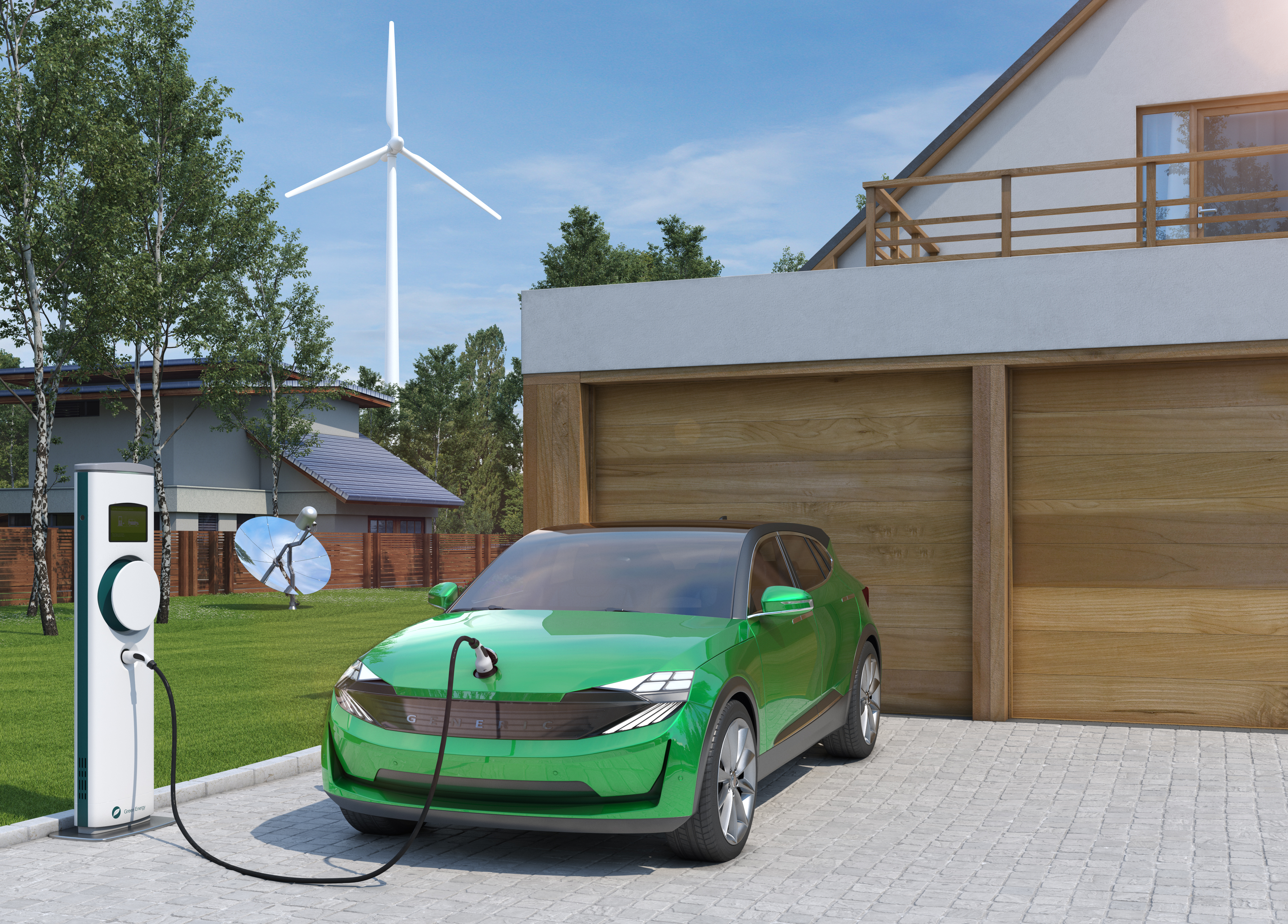 electric car SUV charging at home in front of modern low energy suburban house