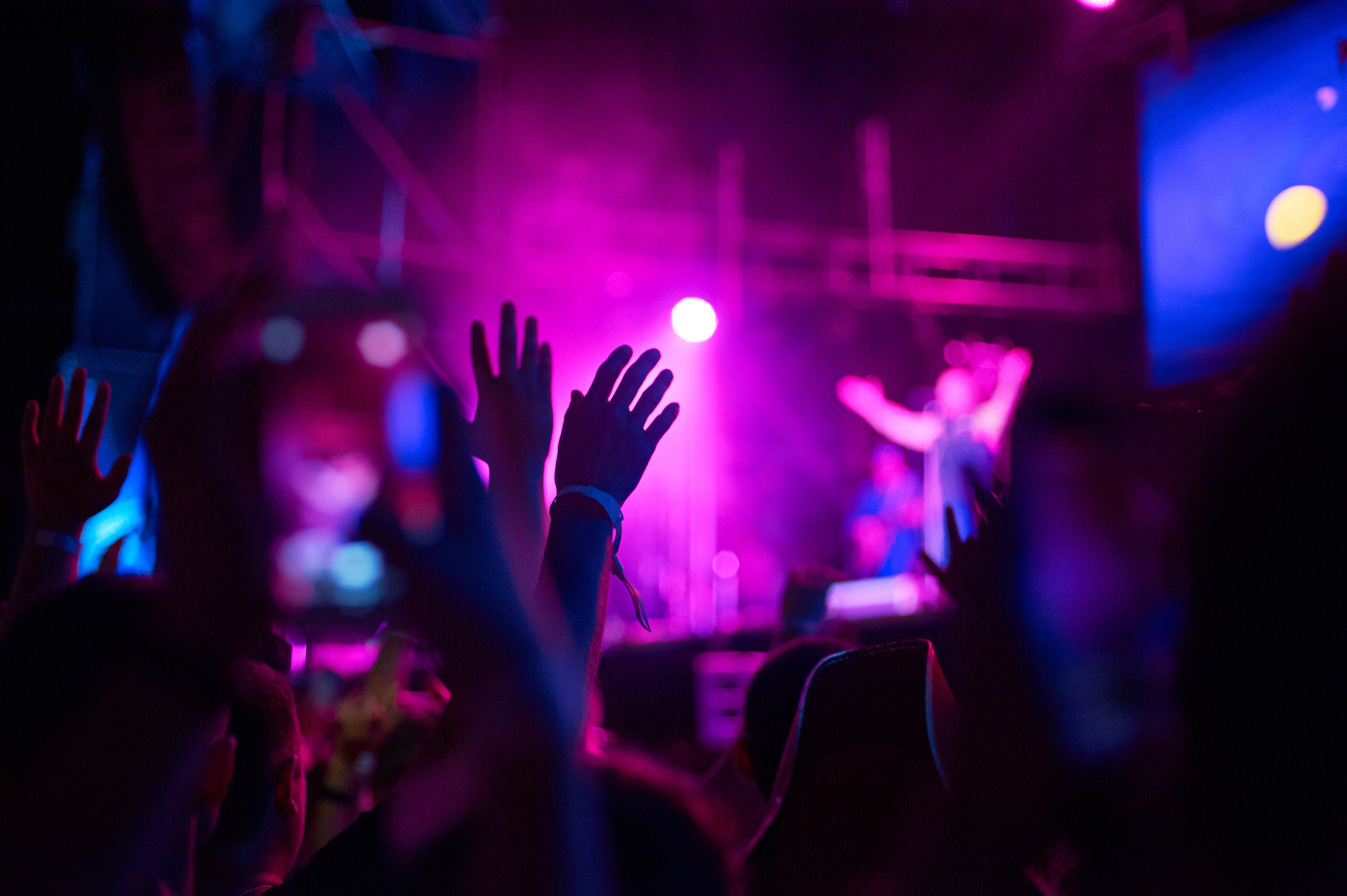 Crowd of audience with hands raised at a music festival. Lights streaming down from above the stage.jpeg