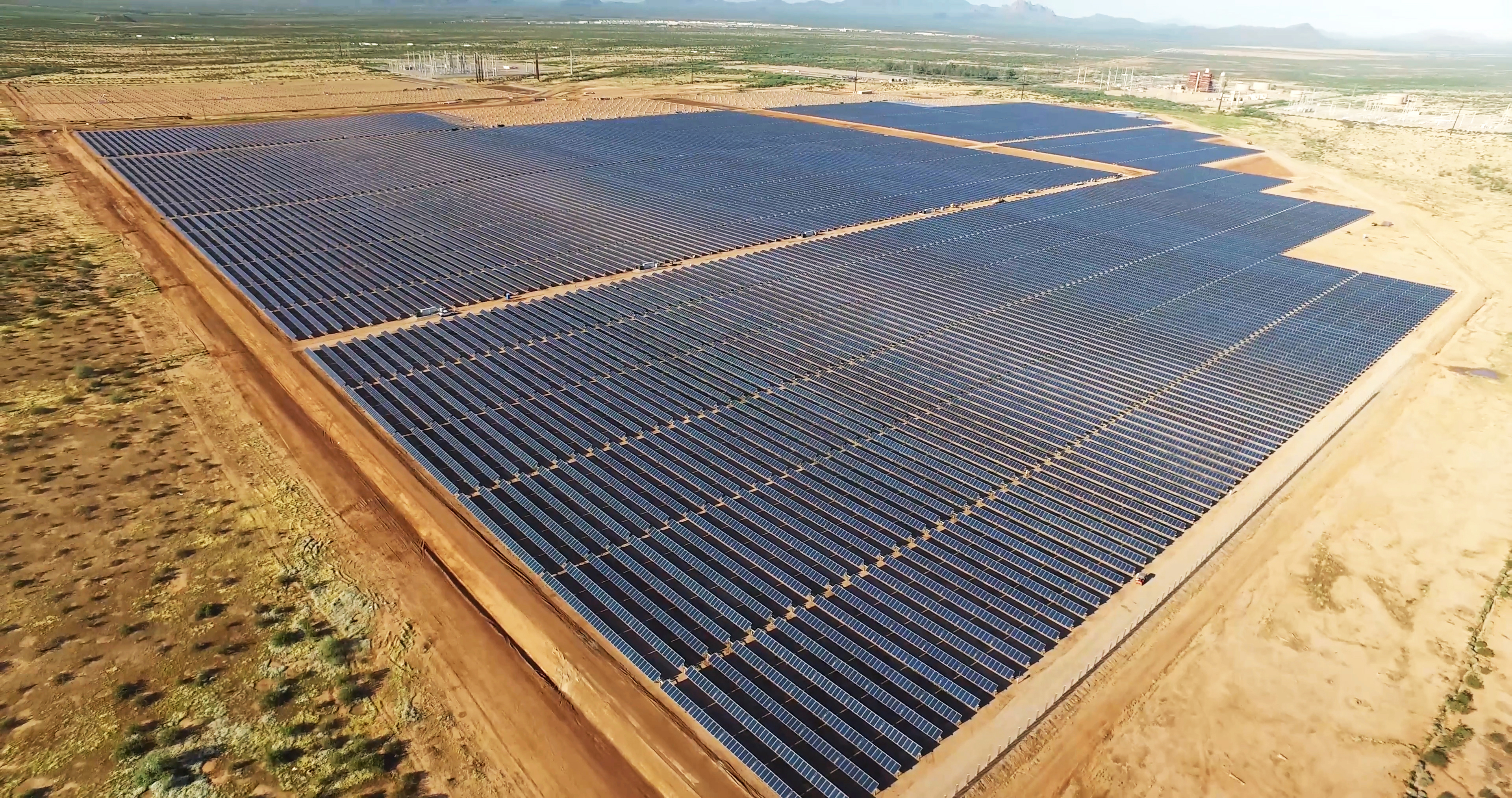 Aerial View of Solar Station power, solar panels in desert