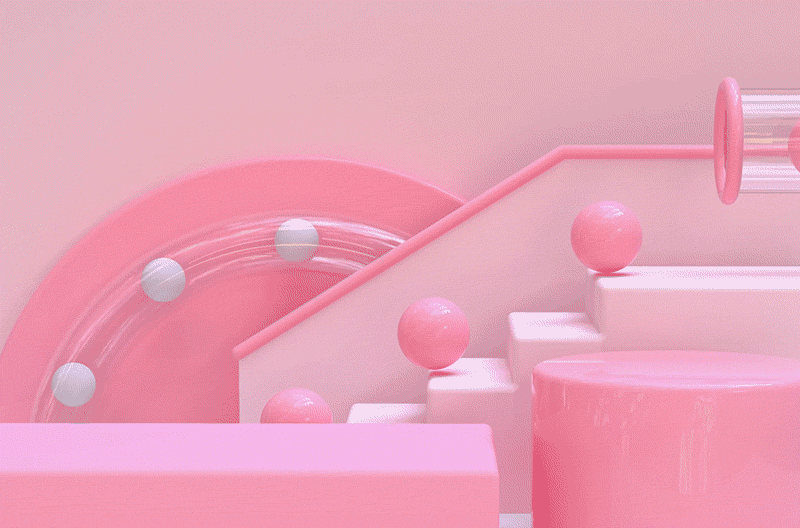 Animated loop of spheres going through a tube and dropping down a pink staircase