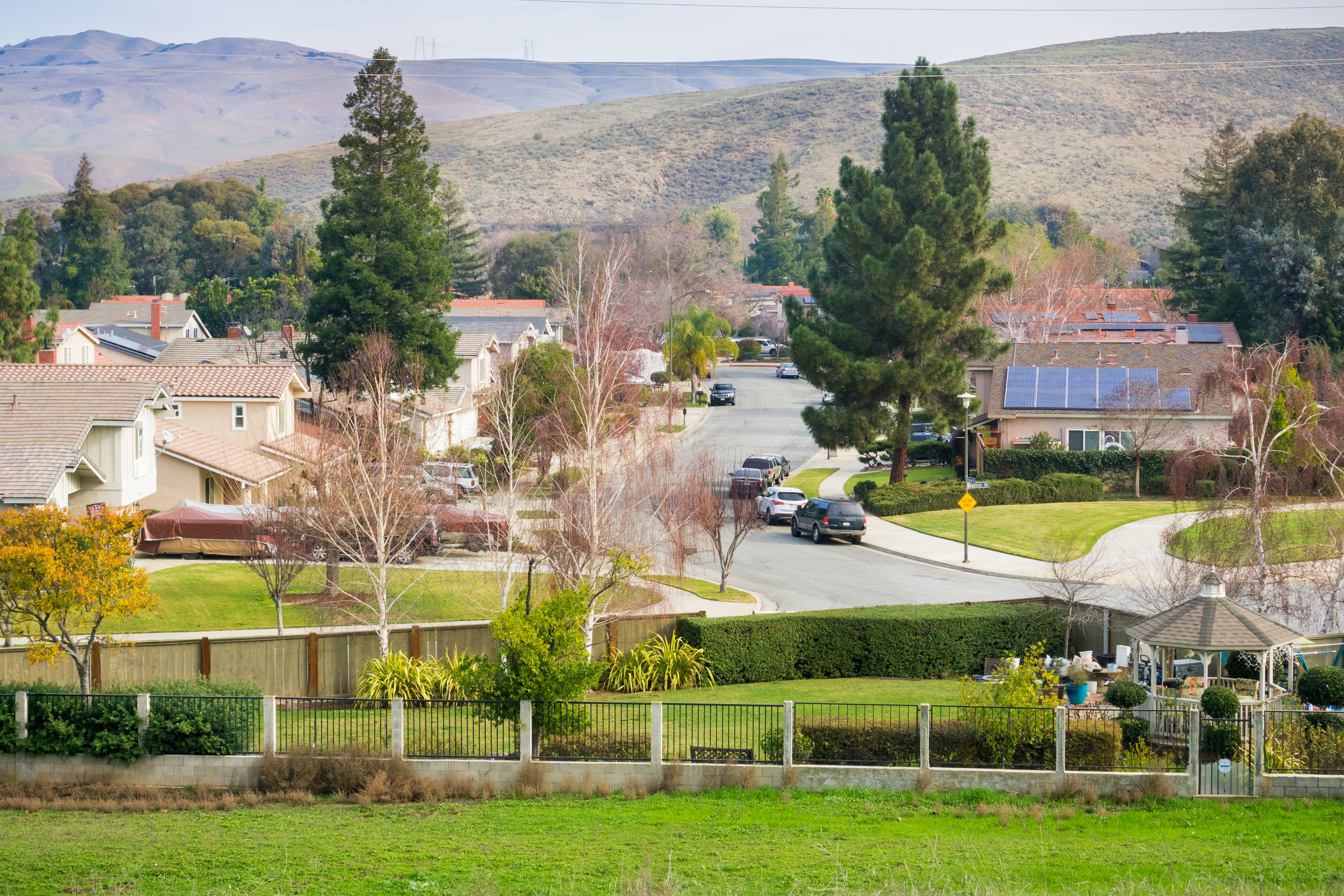 Aerial view of residential neighborhood in San Jose, south San Francisco bay, California