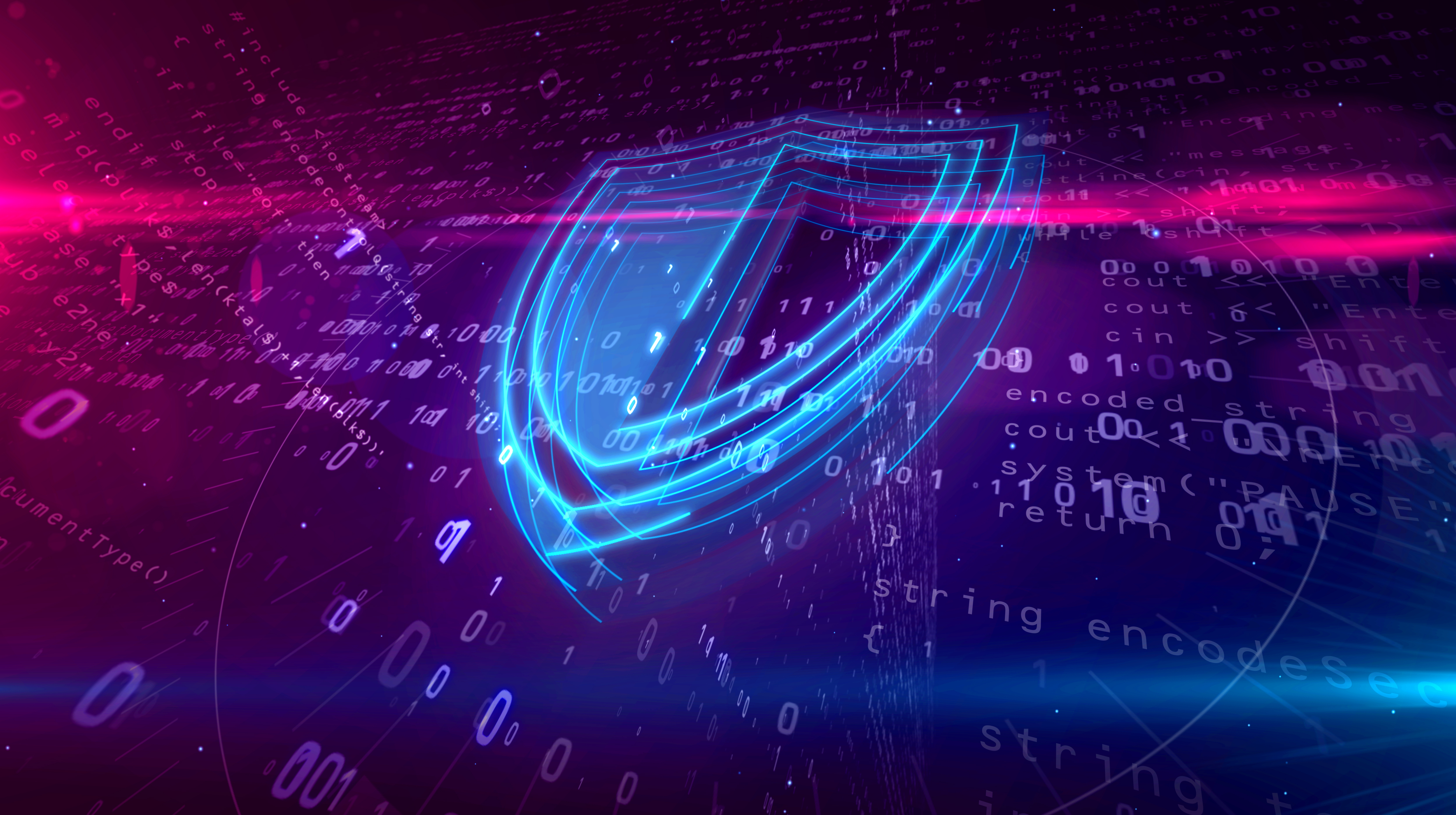 Cyber security abstract concept. 3D contour of shield icon on digital background. Computer safety symbol 3D illustration.