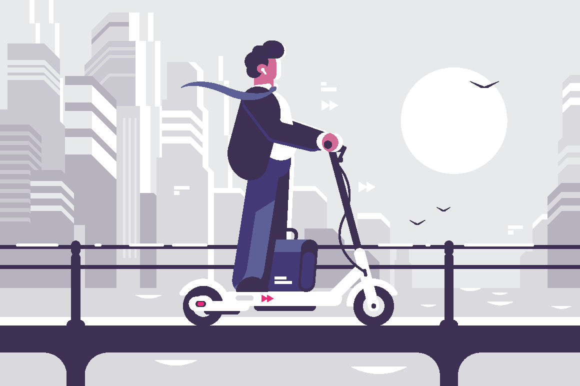 Young man riding electric scooter modern cityscape