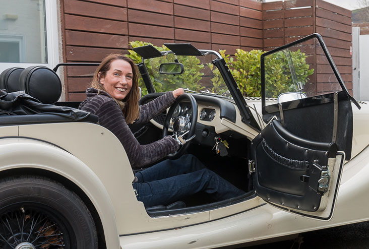 Helen Dolphin enjoying her visit to the Morgan Motor Company factor