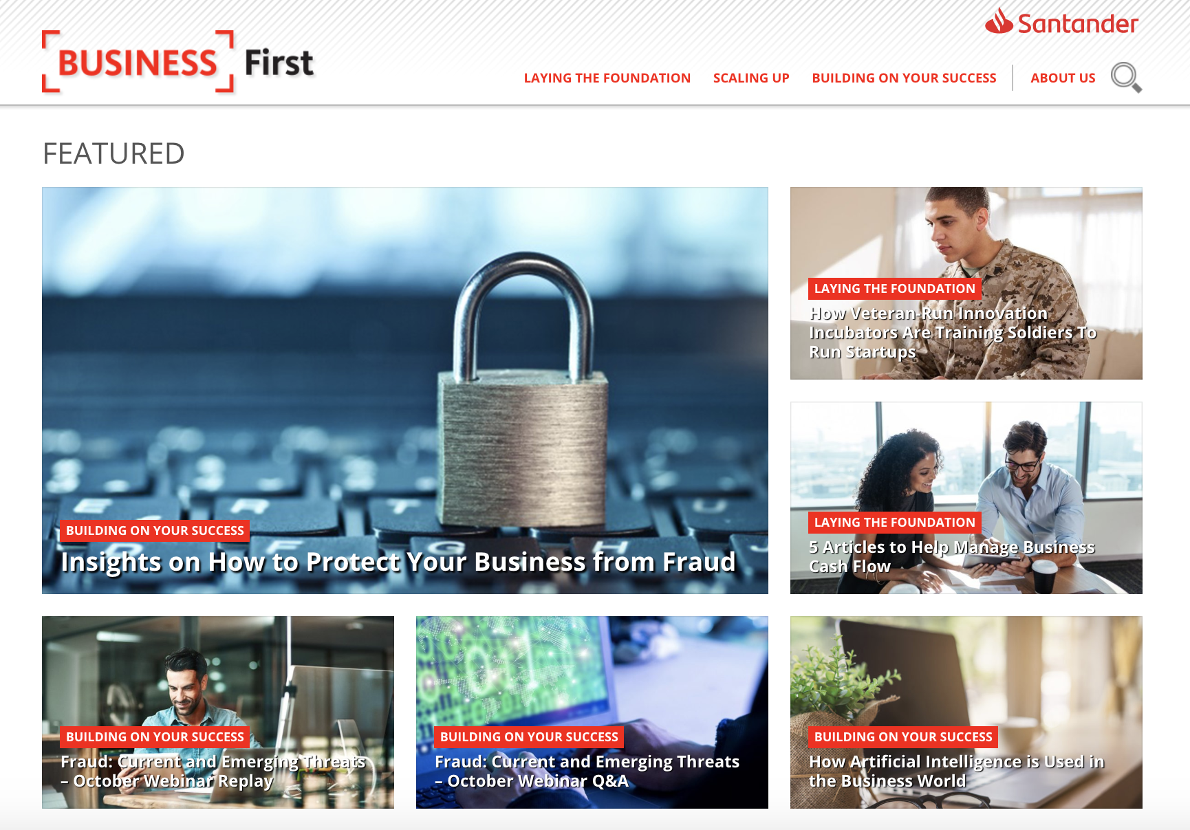 Screenshot of Business First content marketing hub by Santander Bank