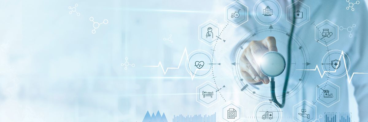 Medicine doctor with stethoscope in hand and icon insurance for health. Medical network connection on virtual screen interface. Innovation and modern medical technology concept