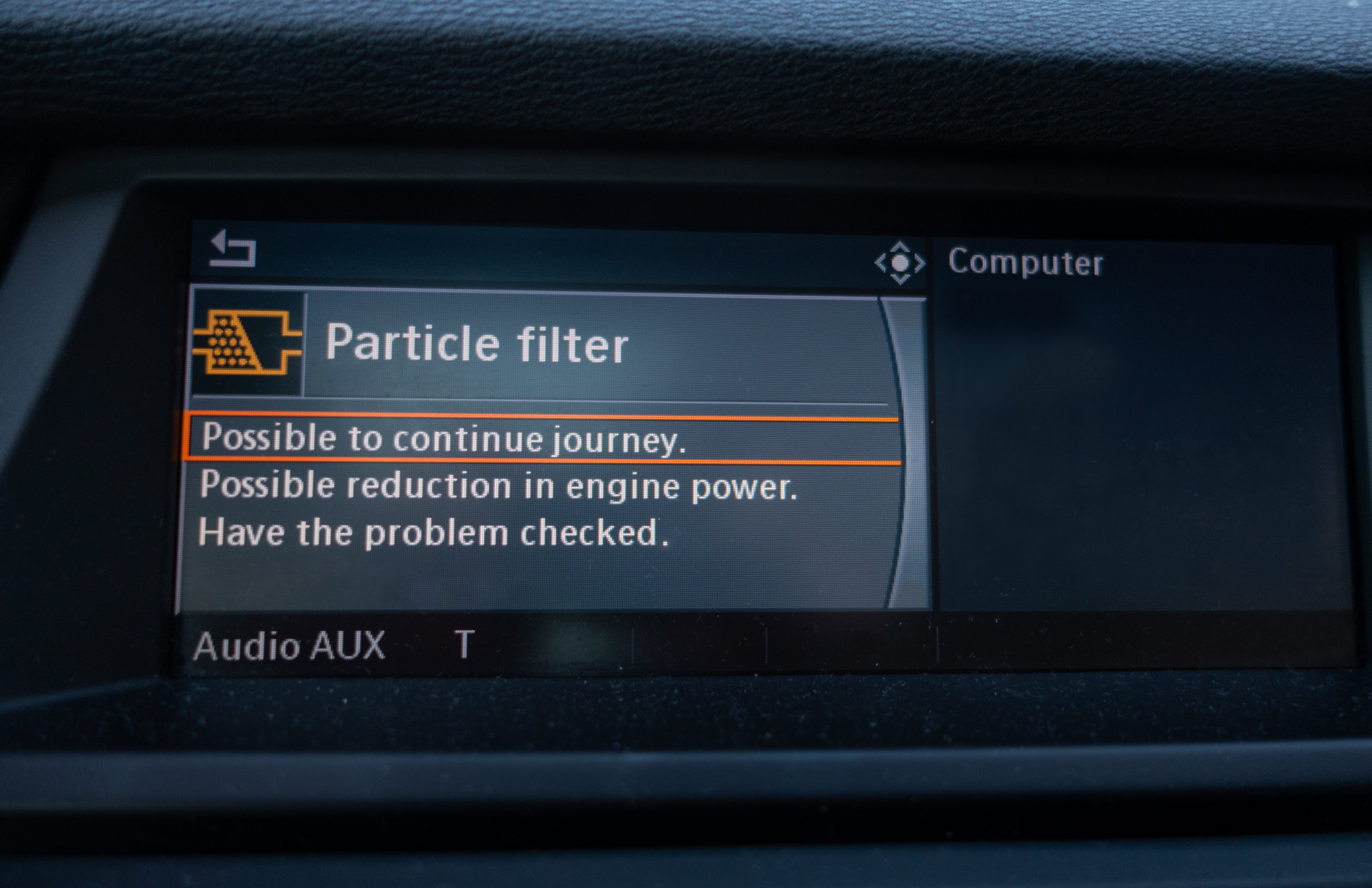 Error message from the cars on board computer warning that diesel particulate filter has problem