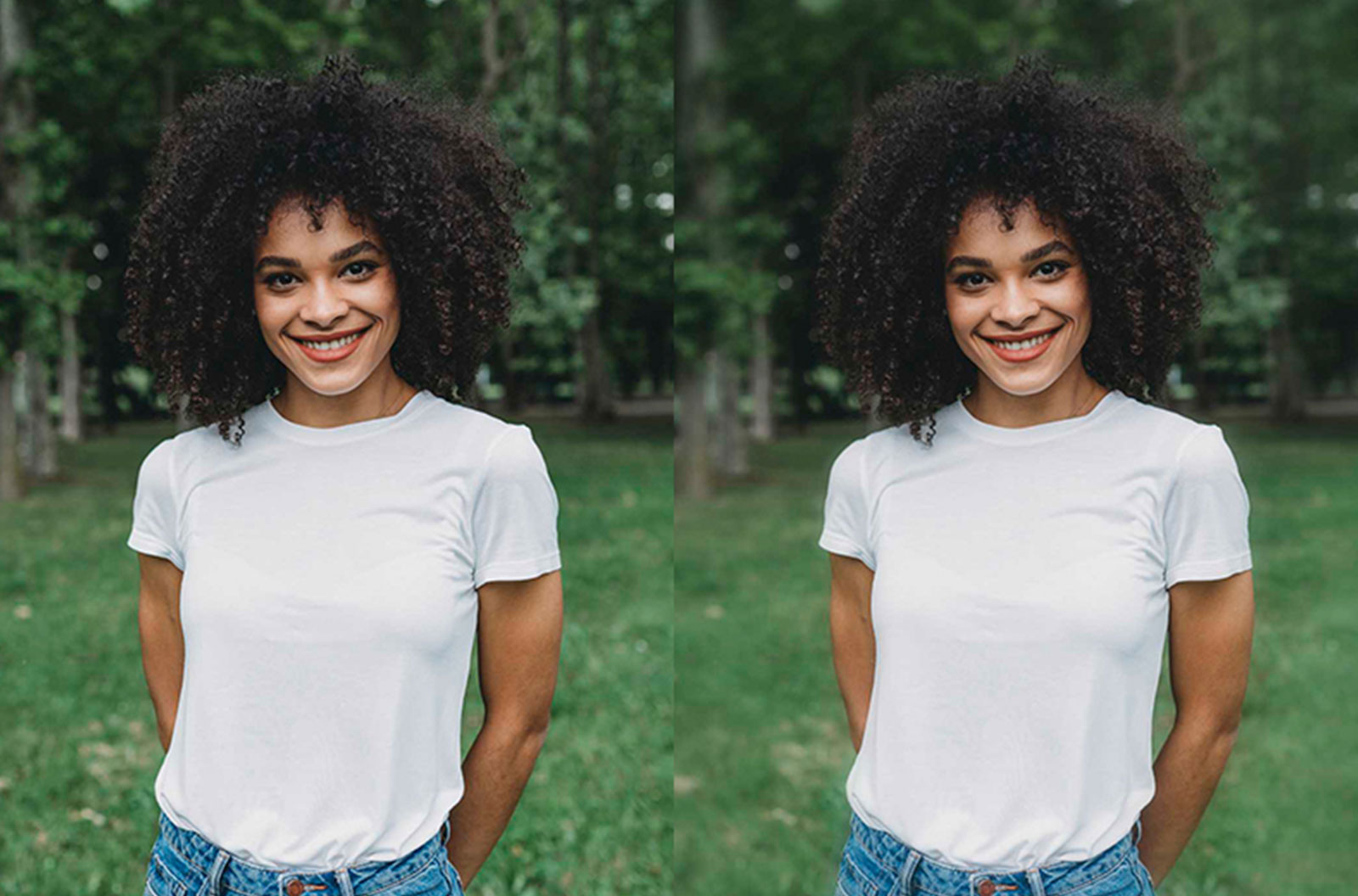 Side by side image comparison of young woman posing to illustrate blur adjustment of an image