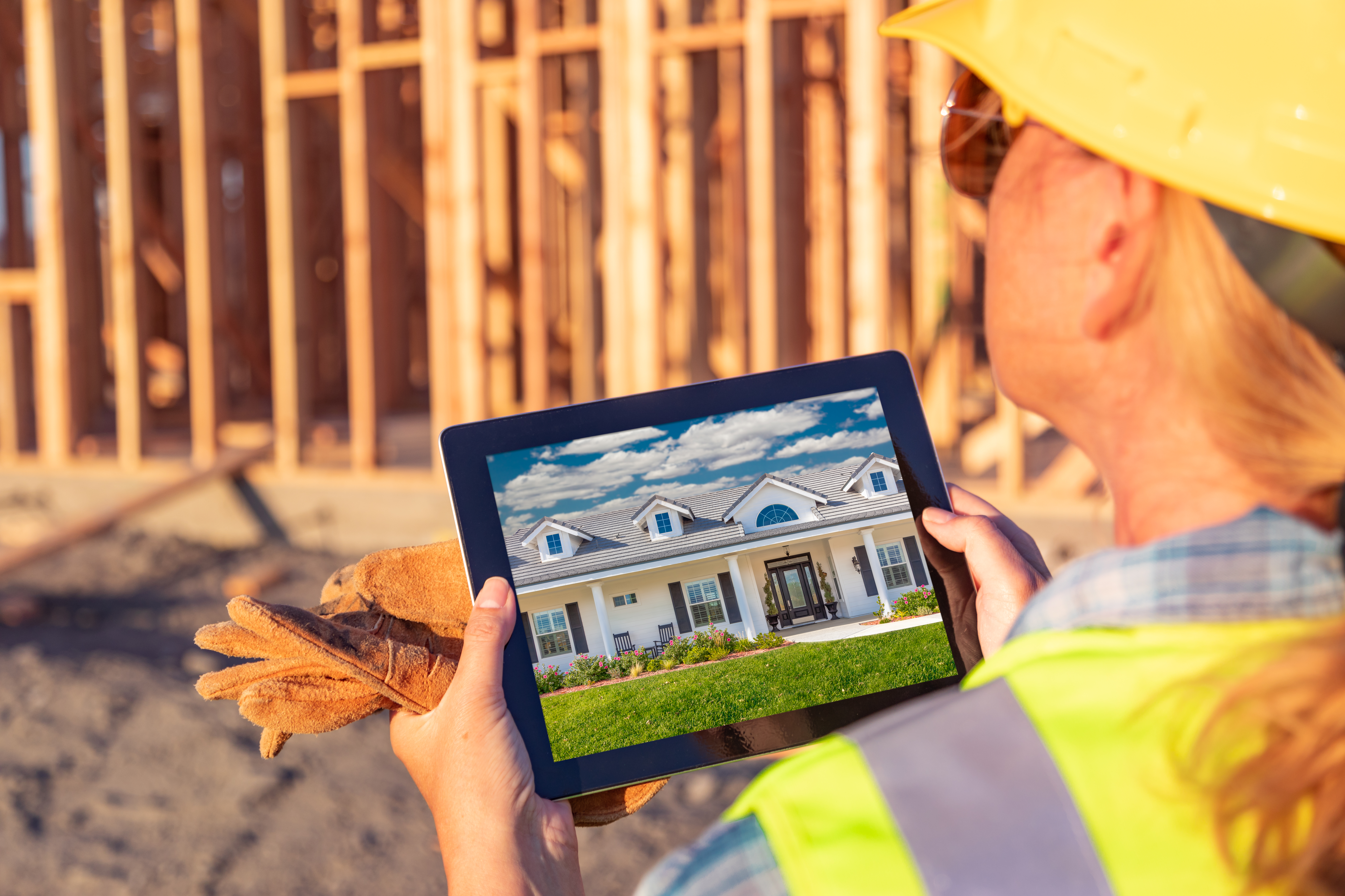 Female Construction Worker Reviewing House Photo on Computer Pad at Construction Site