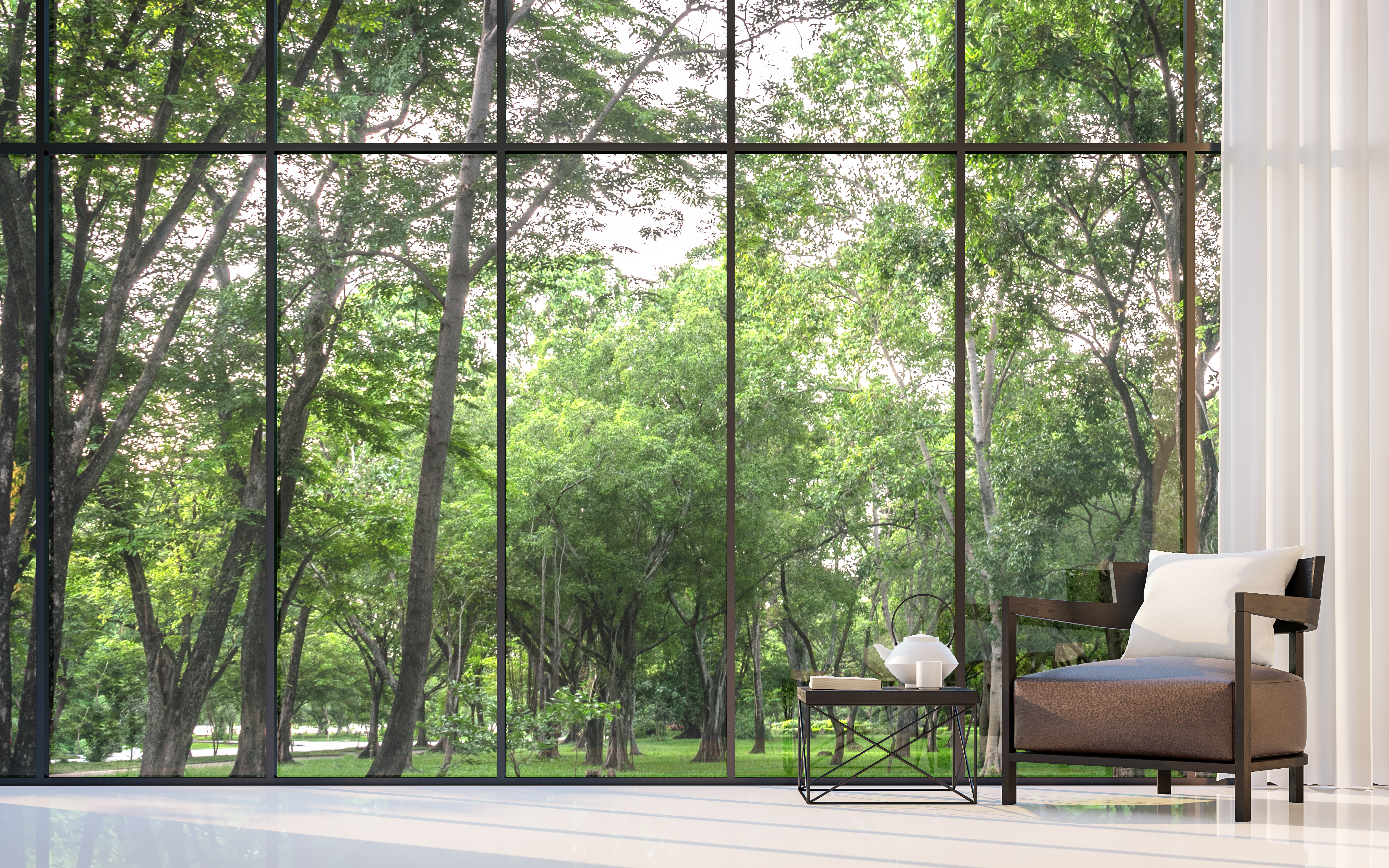 Modern living room with garden view 3d rendering Image
