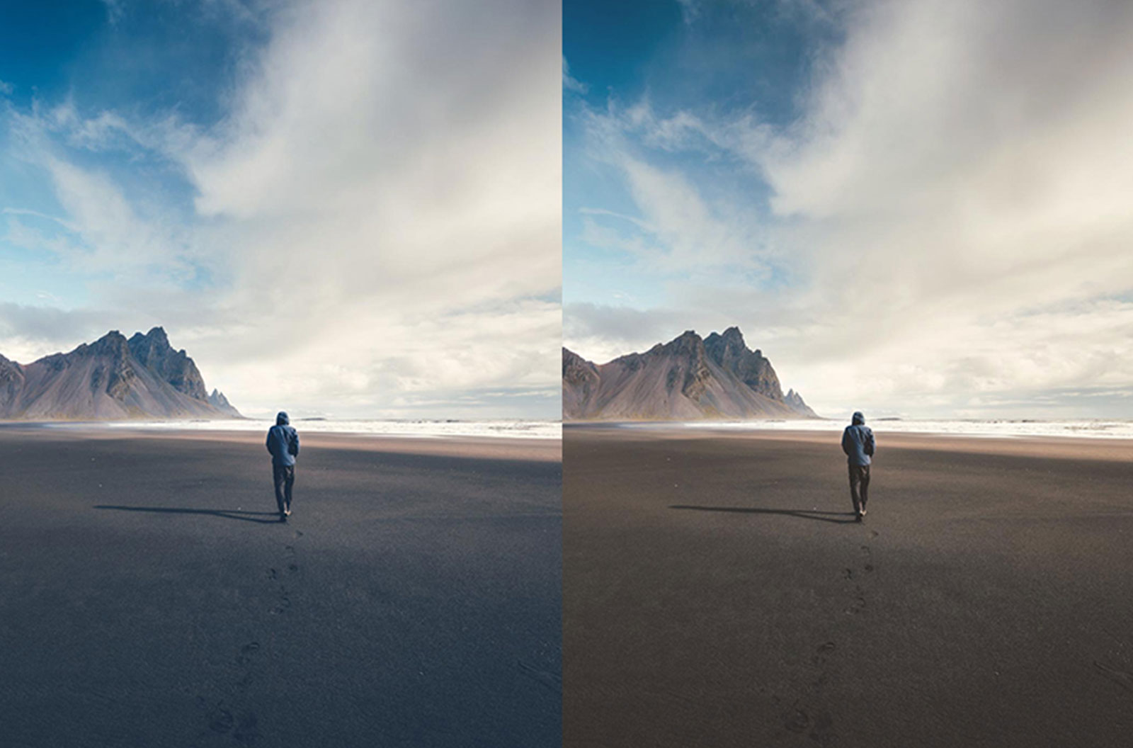 Side by side image comparisons of a man walking on a beach to illustrate different white balance settings