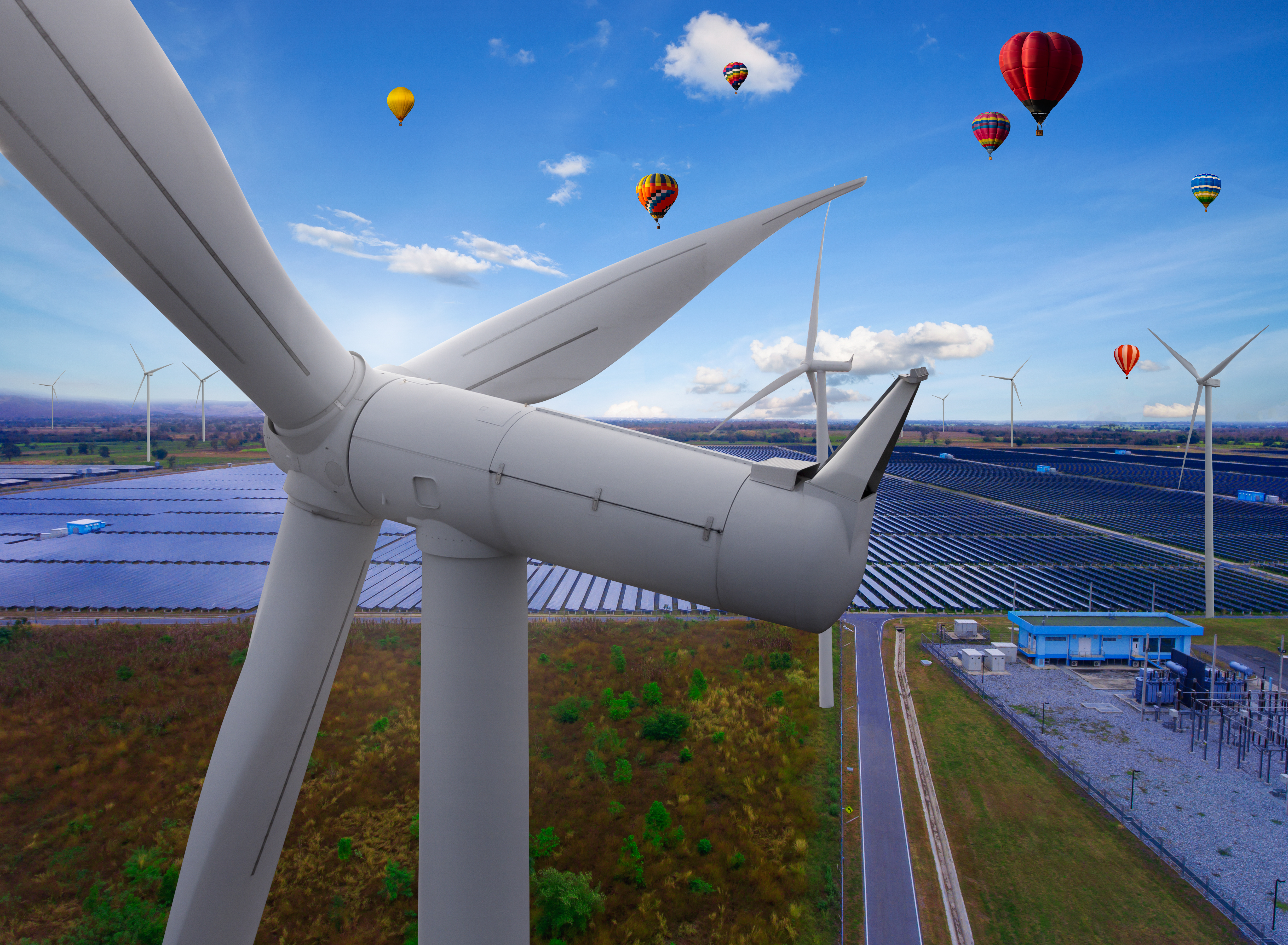 Solar panel and wind turbine farm clean energy.