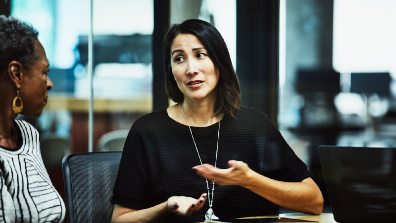 Businesswoman in discussion with client in office conference room